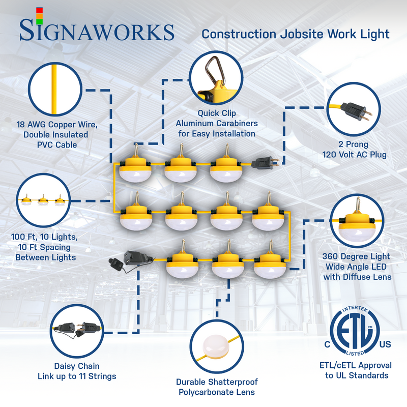 Construction String Light - 10 Lights, 100 ft, 2 Prong Plug