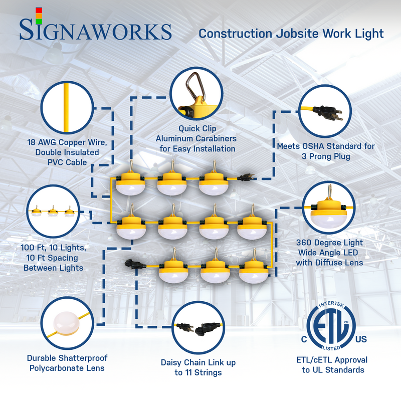 Construction String Light - 10 Lights, 100 ft, 3 Prong Plug