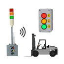 Three-color pole-mounted industrial signal with switchbox and antenna communicating to vehicle-mounted three-color push button box.