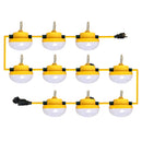 Ten yellow and black LED construction string lights on a a0 foot power cable on aa white background.
