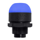 30mm pilot light illuminated blue with black threaded base on a white background.