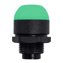 30mm pilot light illuminated green with black threaded base on a white background.