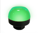 50mm pilot light illuminated green with black threaded base on a white background.