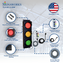 'Signaworks' 4 inch traffic light graphic featuring mounting hardware, LED quality, housing construction, power cord, 10 foot extension cable and industrial selector control switch on a white background.
