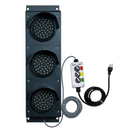 4 inch triple lens LED traffic light with 2-position switch control box and power cable on a white background.