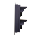 Side perspective of black aluminum traffic light powered off.