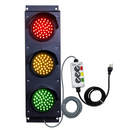Triple 4 inch red, amber and green LED traffic light on a white background.