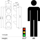 Diagram showing dimensions of a traffic light and a person, with a scale indicating height equivalence.