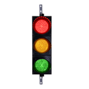 A vertical LED traffic light with three lenses, featuring red, amber, and green lights, mounted on a black housing with a mounting bracket on top and bottom.