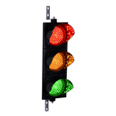 A vertical LED traffic light with three lenses, featuring red, amber, and green lights, mounted on a black housing with a mounting bracket on top and bottom.