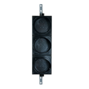 A vertical LED traffic light mounted on a black housing with a mounting bracket on top and bottom.