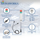 A graphic depicting the functions, buzzer pole, connections, polycarbonate prism lens, and mounting system over a industrial warehouse background.