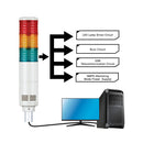 Diagram of electronic components with a multicolored LED lamp, computer monitor, and tower on a white background.