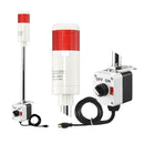 Red pole-mounted industrial signal light with a 2-position switch box and power cord on a white background.