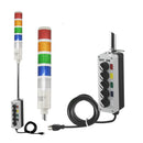 Five-color pole-mounted industrial signal light with a 2-position switch box and power cord; Red-Amber-Green-Blue-White on a white background.