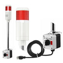Red pole-mounted industrial signal light with a 2-position switch box and power cord on a white background.