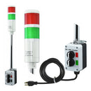 Two-color pole-mounted industrial signal light with a 2-position switch box and power cord; Red-Green on a white background.