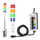 Four-color pole-mounted industrial signal light with a 3-position switch box and power cord; Red-Amber-Green on a white background.