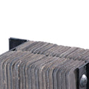 Metal bracket with ribbed black rubber bumper on a white background.