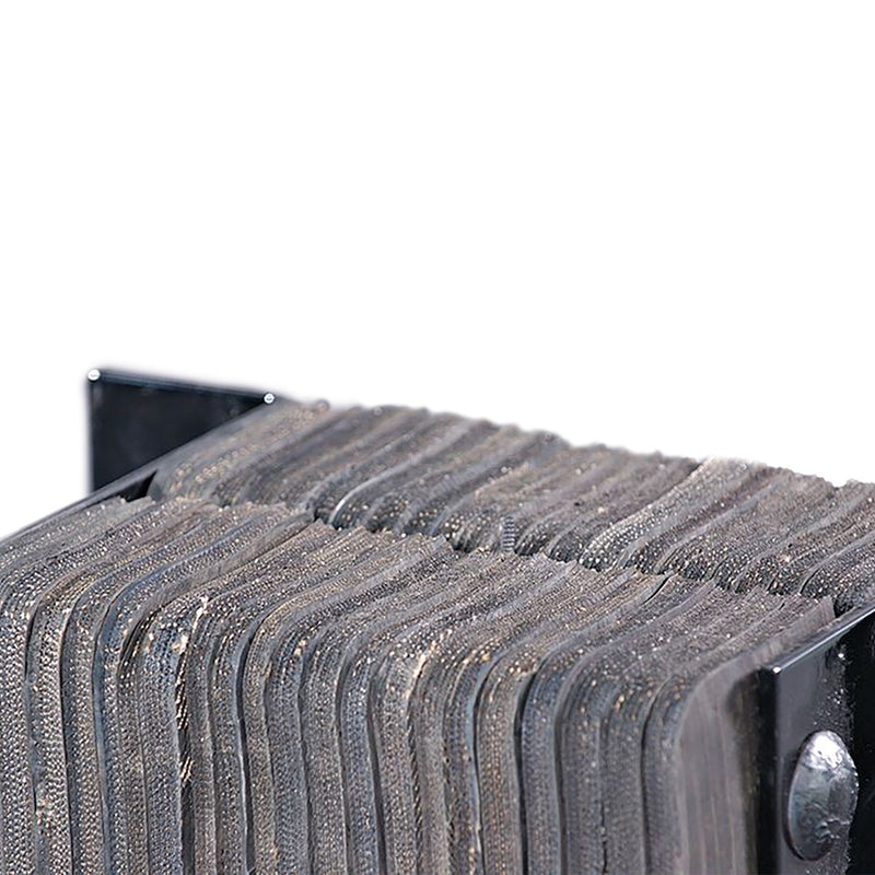 Metal bracket with ribbed black rubber bumper on a white background.