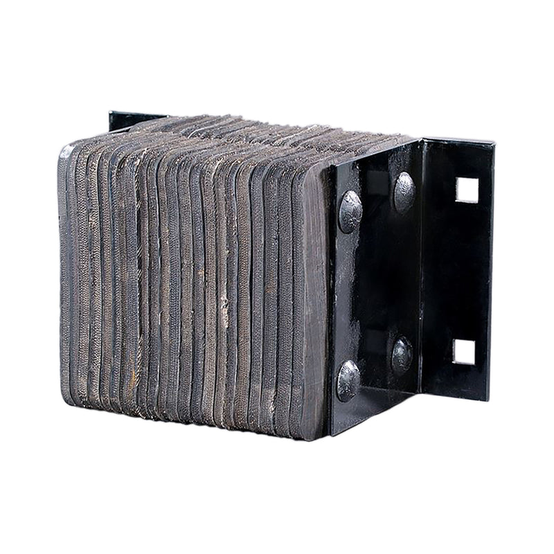 Metal bracket with ribbed black rubber bumper on a white background.