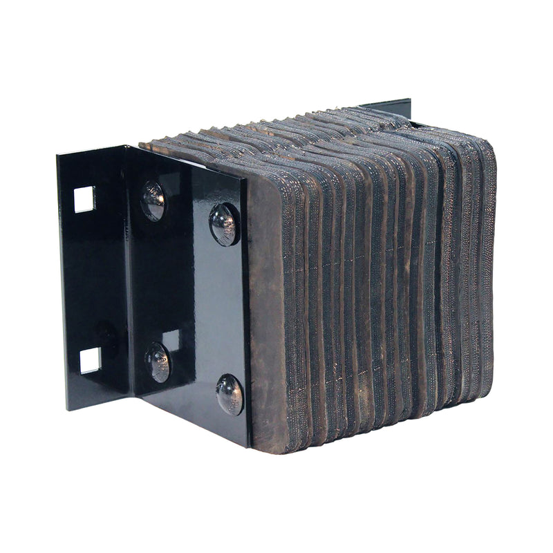 Metal bracket with ribbed black rubber bumper on a white background.