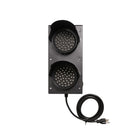 Black metal traffic device with a power cord on a white background