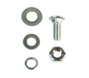Metal washers, nut and bolt on a white background.