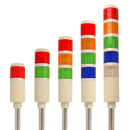 A series of industrial LED tower lights in various colors including red, green, blue, and white, mounted on poles.