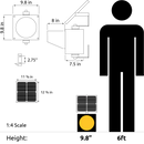 Diagram depicting solar powered traffic light dimensions and relative scale to a 6 foot human.