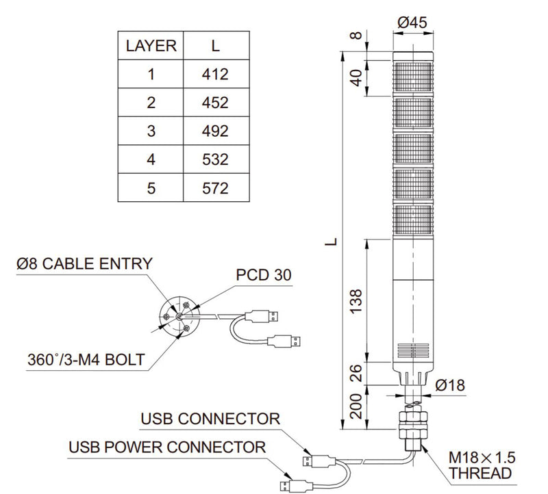 USB TowerLight Dimensions